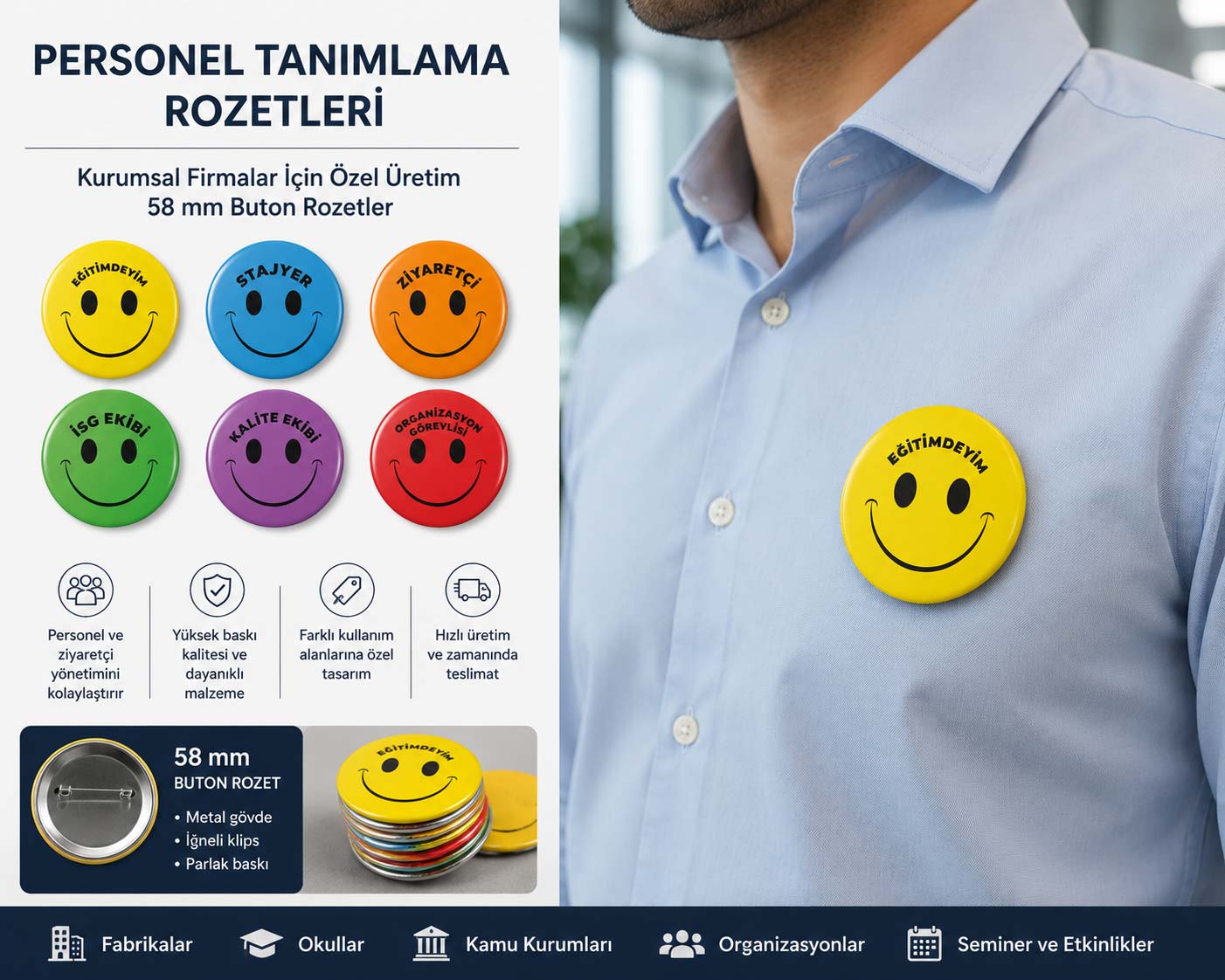 Personel Tanımlama Rozetleri Nedir? Kurumsal Firmalar İçin 58 mm Buton Rozetlerin Avantajları
